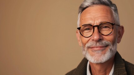 The image shows an older man with a gray beard and mustache wearing glasses smiling and dressed in a brown jacket.