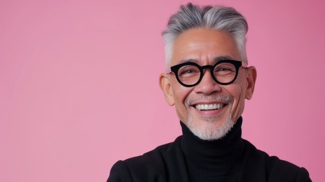 Smiling older man with gray hair wearing black turtleneck and round glasses against pink background.