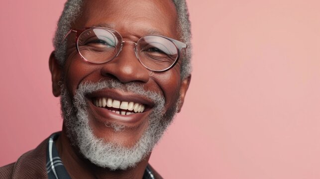 The image depicts a smiling elderly man with a white beard and glasses set against a pink background.
