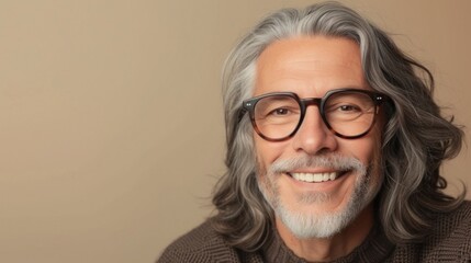 Smiling man with gray hair and beard wearing glasses against a beige background.