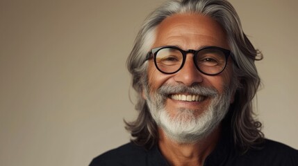 A man with a gray beard and long hair wearing glasses smiling warmly against a neutral background.