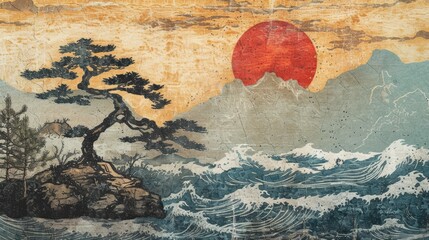 Generative AI, vintage textured grunge Japanese landscape illustration. 