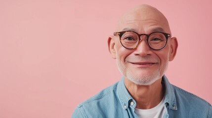 A bald man with a gray beard and mustache wearing glasses smiling and dressed in a light blue shirt with a white undershirt against a pink background. - obrazy, fototapety, plakaty