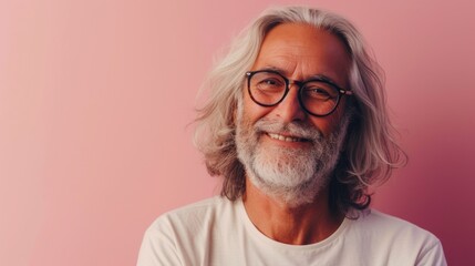 A cheerful older man with a white beard and long hair wearing glasses smiling against a pink background. - obrazy, fototapety, plakaty