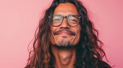 A man with long curly hair and a beard wearing glasses smiling against a pink background.