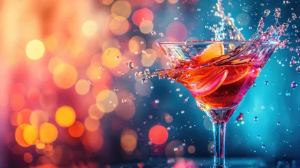 Foto op Plexiglas Cocktail in Martini glass with splash, frozen motion effect, on colorful bright bokeh background © Kondor83
