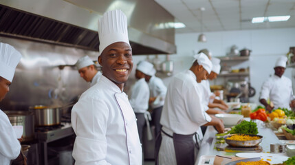 Smiling African American chef in restaurant kitchen - Powered by Adobe