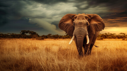 Fototapeta na wymiar Big elephant in savannah, stormy dramatic sky, yellow sunset light