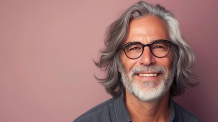 Smiling man with gray hair and beard wearing glasses against pink background.