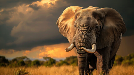 Fototapeta na wymiar Big elephant in savannah, stormy dramatic sky, sunset light