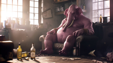 Anthropomorphic pink elephant in dirty room - scary delusions, heavy binge drinking, alcohol psychosis concept - obrazy, fototapety, plakaty