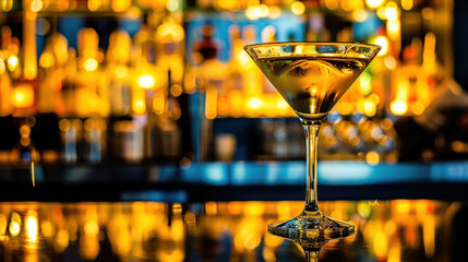 Glass of classic Martini cocktail on bar counter, shelf with colorful bottles in background - obrazy, fototapety, plakaty