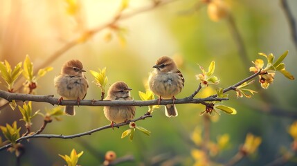 Funny little birds sit on a branch in a spring