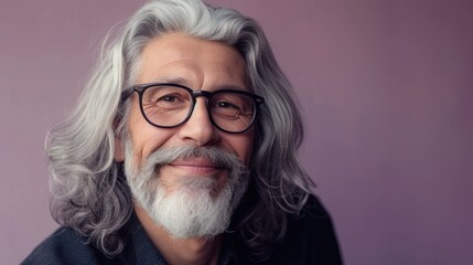 Gentleman with gray hair beard and mustache wearing glasses smiling against a purple background.