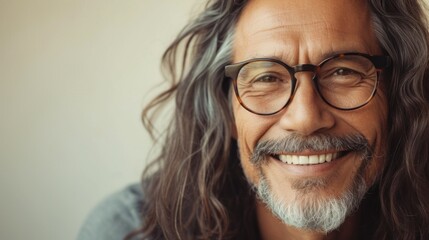 A man with long hair and a beard wearing glasses smiling warmly at the camera.
