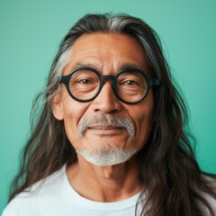 A man with long hair and a beard wearing glasses smiling against a green background.