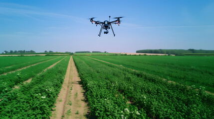 modern agriculture, a drone shot of precision farming techniques in action, technology and sustainability, clear day, high angle for educational content