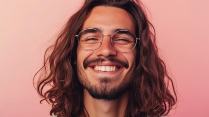 Smiling young man with long curly hair and eyeglasses against a pink background.
