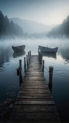 Nebeliger Morgen an einem ruhigen See mit Holzsteg und Booten - obrazy, fototapety, plakaty