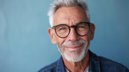 Obraz premium Smiling older man with white hair and beard wearing glasses and a denim shirt against a blue background.