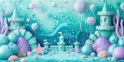 Under the Sea Castle Balloon Background, Featuring Starfish, Seashells, and Light Teal with Light Purple Accents