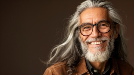 Obraz premium A joyful man with a long white beard and hair wearing glasses and a brown jacket smiling broadly against a warm-toned background.