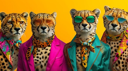Gang family of cheetah in vibrant bright fashionable outfits