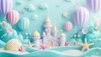 Under the Sea Castle Balloon Background, Featuring Starfish, Seashells, and Light Teal with Light Purple Accents - obrazy, fototapety, plakaty