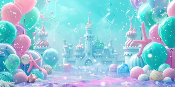 Under the Sea Castle Balloon Background, Featuring Starfish, Seashells, and Light Teal with Light Purple Accents