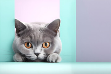Creative animal concept. British Shorthair cat kitten peeking over pastel bright background. advertisement, banner, card. copy text space. birthday party invite invitation
