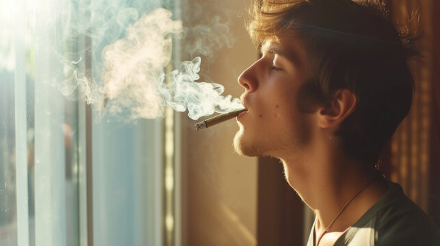 Young man smoking pot near the window