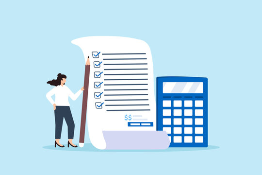 Businesswoman with calculator estimate cost from project document