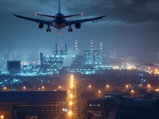 A massive airliner glides gracefully through the night sky, its lights illuminating the towering skyscrapers below as it makes its way towards the bustling city airport