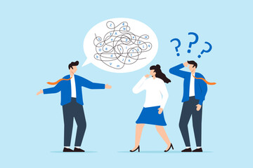 Businessman confuse others with jargon in speech bubble dialogue