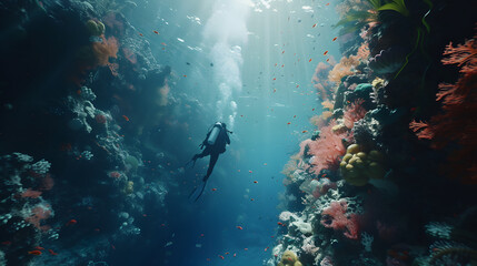 Fototapeta na wymiar Scuba diver and coral reef. Underwater Exploration