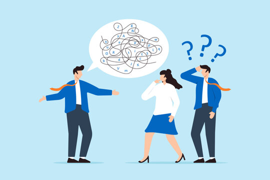 Businessman confuse others with jargon in speech bubble dialogue