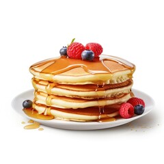 Pancakes fluffy stack isolated on white background on white plate. Homemade freshly baked pancakes for American breakfast, menu, advert or package, close up.