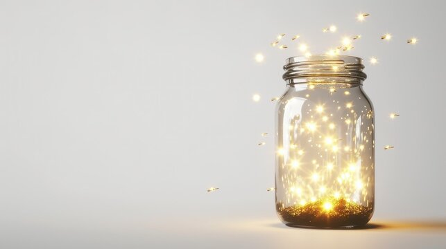 Glass jar filled with glowing fireflies, creating a soft, radiant light. Illuminating its surroundings with a magical ambiance on a white background