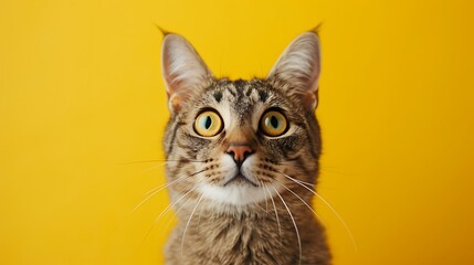 Young crazy surprised cat make big eyes closeup on yellow background