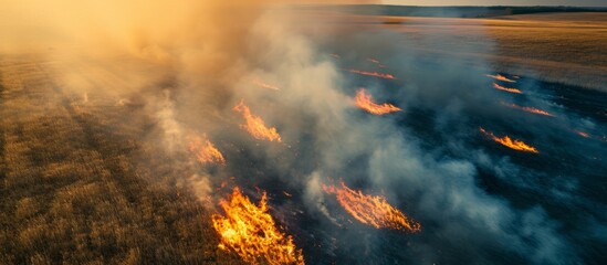 Aerial view of a dry grass meadow field burning during a drought and hot weather, causing a wild open fire that destroys the grass and creates smoke. The incident highlights the problem of air