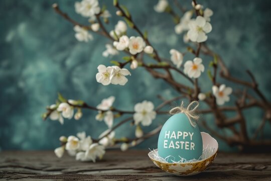 easter egg in a blue shell with the word happy easter on an old wooden background Generative AI