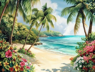 Fototapeta premium Serene tropical beach with towering palm trees, fan-shaped leaves, colorful flowers, and pure white sand
