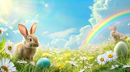 Sending warm Easter wishes your way! Bunnies, eggs, and daisies adorn this delightful meadow.