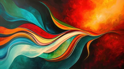 Abstract painting with vibrant, flowing lines and shapes. Colorful and dynamic, it captures the energy and movement of the artwork