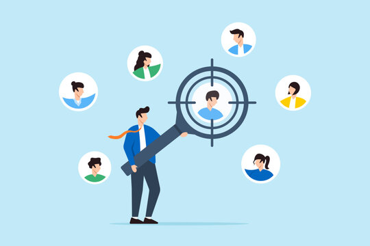 Businessman focus with magnifying glass on customer, user, or people