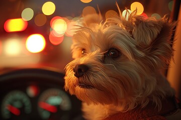 A curious yorkipoo gazes longingly out of the car window, eager for adventure and basking in the warm indoor light