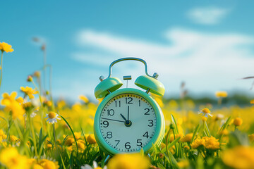 Retro alarm clock among yellow flowers, spring saving time concept, generative ai