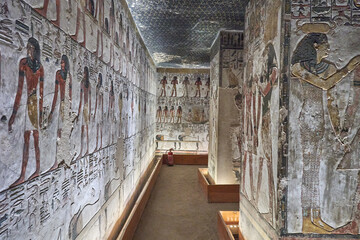King Seti tomb at the Valley of Kings .Luxor . Egypt. Hieroglyphics in King Seti tomb.wall reliefs...