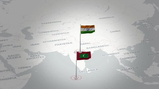 Flying Flags of Maldives and India Across the Map.Maldives and India map