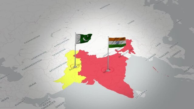  Flying Flags of Pakistan and India Across the Map.Pakistan and India Map.